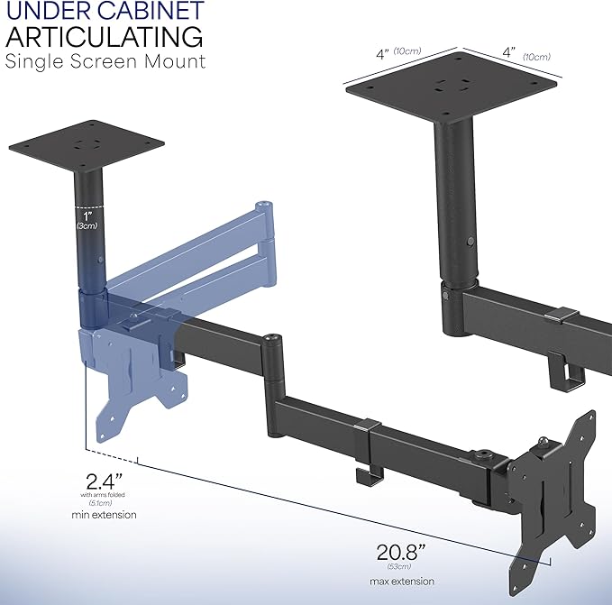 VIVO Under Cabinet Articulating 13 to 27 inch Single Monitor and Small TV Mount, Height Adjustable Long Extension Arm, Max VESA 100x100, Black, MOUNT-VC01A