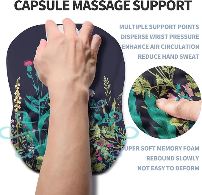 Ergonomic Raised Mouse Pad Wrist Support with Bilateral Slope Memory Foam Mousepad for Wrist Rest and Carpal Tunnel 11.8x7.9〃Midnight Flowers