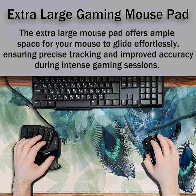 Gaming Mouse Pad Navy Desk Mat Large Desk Pads Mens Office Accessories Pad for Table Non-Slip Rubber Base Waterproof with Stitched Edges 35.4" X 15.7" for Game Office, Peacock Feather
