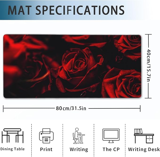 Rose Gaming Mouse Pad, Abstract Red Rose and Black Leaves Extended Mouse Pad Gaming Large,Desk Mat with Non-Slip Base and Stitched Edge,Long Computer Keyboard Mouse Mat for Home Office 31.5"x15.7"