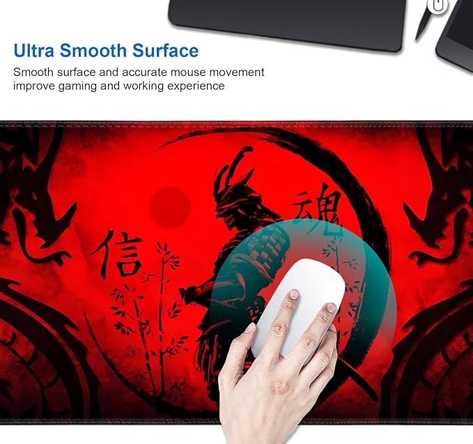 IMAYONDIA Japanese Samurai Large Gaming Mouse Pad for Laptop, Cool Anime Red Black Dragon Desk Mats, Computer Pad Desktop Mat for Gaming Player Office Extra Large Mousepad, 35.4x15.7 in