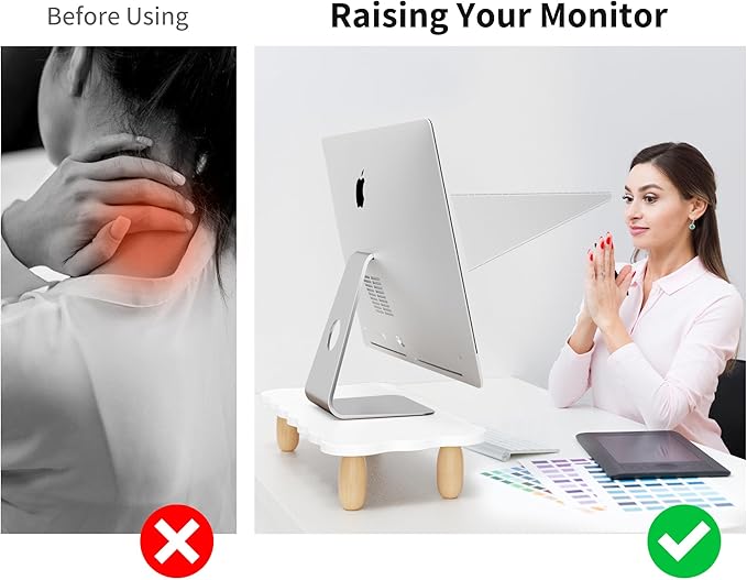 Monitor Stand Riser, Cookie-Shaped Sturdy Wood Computer Monitor Stand for Desk, Ergonomic Desk Stand, Multi-Purpose Desktop Organizer Riser for Computer, Laptop, Printer, TV, White
