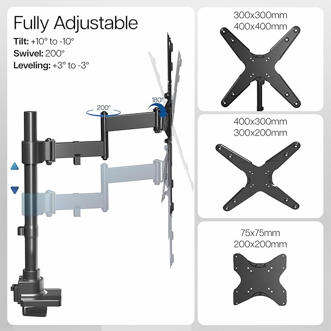 VIVO Ultra Wide Monitor and TV Desk Mount for up to 55 inch Screens, Single Television Stand with Articulating Arm, Holds up to 44 lbs, Max VESA 400x400mm, Black, STAND-V155D