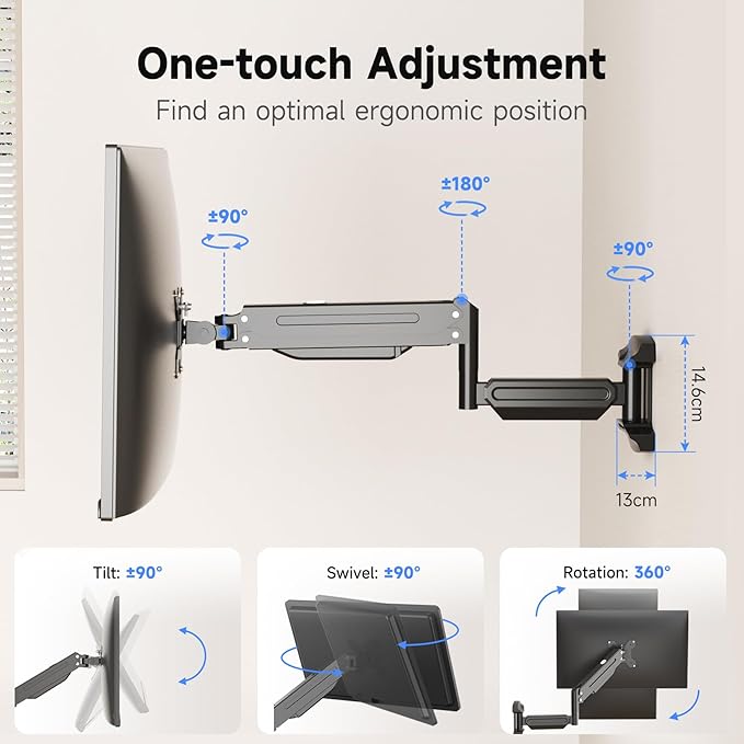 suptek Single Monitor Wall Mount for 13 to 32 Inch Screens, Gas Spring Monitor Arm Wall Mount Holds Up to 10KG/22lbs, Full Motion Adjustable,VESA Mount 75x75/100x100mm(WM18)