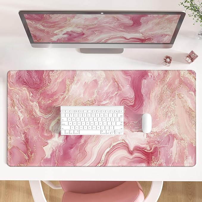 AQQA Pink Marble Desk Pad,Office Desk Mat 31.5" x 15.7"Large Gaming Mouse Pad,Textured Washable Desktop Protection Mouse Mat with Non-Slip Rubber Base,Rose Gold