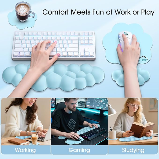 Cloud Wrist Rest Keyboard Cushion, 4-in-1 Ergonomic Cloud Keyboard Wrist Rest and Mouse Pad Set with Memory Foam Arm Support for Palm, Cute Desk Accessory for PC Gaming Setup, Blue