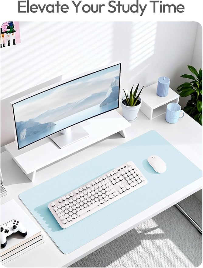 YSAGi Leather Desk Protector, Office Mat, Large Mouse Mat, Non-Slip PU Leather Blotter, Laptop Pad, Waterproof Writing Pad for Office and Home (Baby Blue, 47" x 17")
