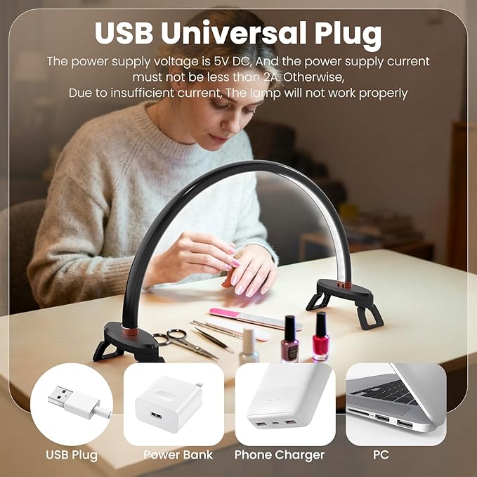 Yokilly Arc Half Moon Light: 16" Half Moon Light with Foldable Bracket for Desk Salon Table Use - No Flicker & Shadow-Free Desk Lamp with Stepless Brightness 3000-6500K for Manicurist Nail Tech