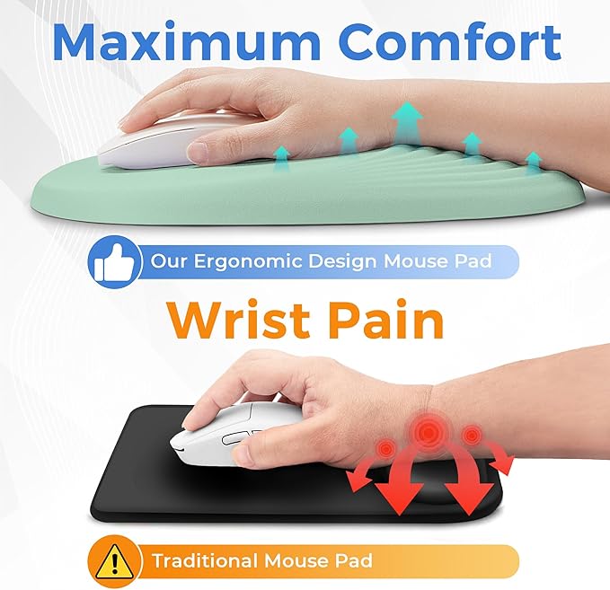 Ergonomic Mouse Pad with Wrist Support, Memory Foam Wrist Rest for Pain Relief & Carpal Tunnel, Non-Slip Base for Office, Computer, PC, Laptop (12x8x1.2inch, Light Green)