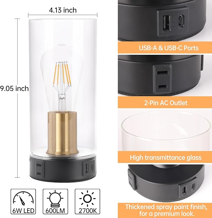 Bedside Table lamp for Bedroom -Touch Lamp with USB-A+C Charging Ports & AC Outlet. Nightstand Lamp with Black Base Glass. Stepless Dimming Small Lamp for Bedroom, Dorm, Office, Kids Room, Living Room