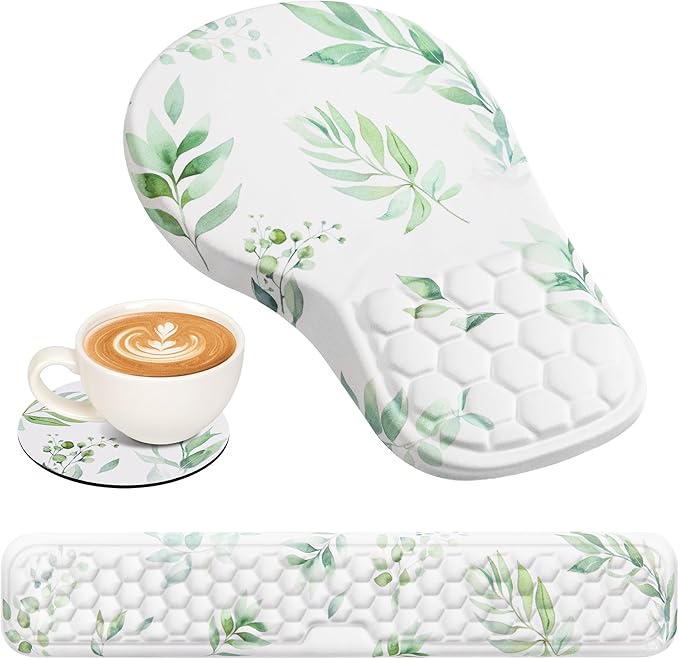 EYROZILL 3 in 1 Ergonomic Mouse Pad and Keyboard Wrist Rest, Cute Mouse Pad with Wrist Support Massage Design, Non-Slip Wrist Pad for Mouse, Desk Mouse Set (Green Plant)