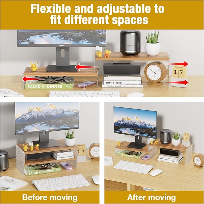 Adjustable Monitor Stand Riser with Acrylic Legs丨15.74" Length Dual Monitor Stand for Desk丨2-Tier Wood Desktop Organizer for Computer, Laptop, Printer & PC丨Modern Aesthetic Desk Shelf(wood-wavy)