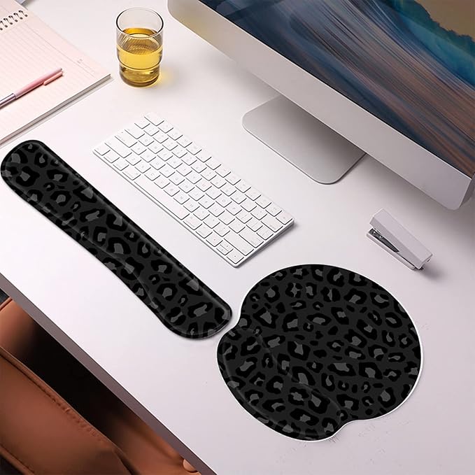 2Pcs Keyboard Wrist Rest Pad and Mouse Wrist Rest Support Mouse Pad Set,Ergonomic Support,Gaming Mouse Pad,Memory Foam,Non-Slip Base,for Office Western-Black Leopard Cheetah Pattern