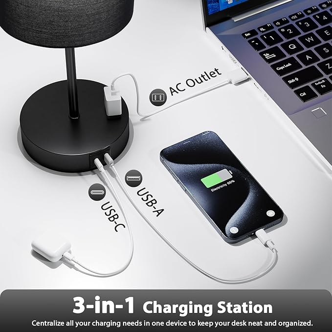 Black Touch Lamps for Nightstand Set of 2 - Bedside Table Lamp for Bedroom with Dual USB Ports & AC Outlet, 3-Way Dimmable Lamps for Living Room Boys Room, Night Light with 5000K Daylight Bulbs