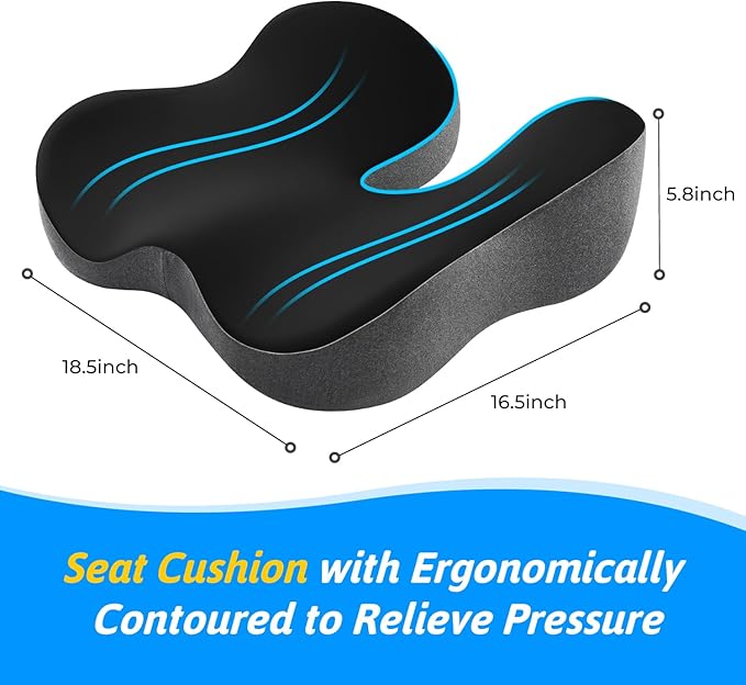 Seat Cushion for Tailbone & Sciatica Support - Plush Yet Supportive Ergonomic Memory Foam Chair Cushions for Office Chair, Car, Wheelchair, Airplane & Long Sitting