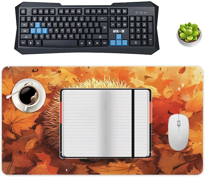 Large Ergonomic Gaming Mouse Pad Cozy Hedgehog in Autumn Leaves - Cute Forest Animal Theme with Non-Slip Base Water-Resistant Surface and Stitched Edges 40X75cm