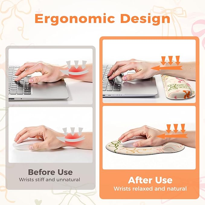 iLeadon Desk Protector Mat, Non Slip Long Mouse Pad and Keyboard Wrist Rest, Carpal Tunnel Mouse Pad and Computer Wrist Support, Soft Ergonomic Keyboard Pad with Wrist Support for Women Office (Bow)