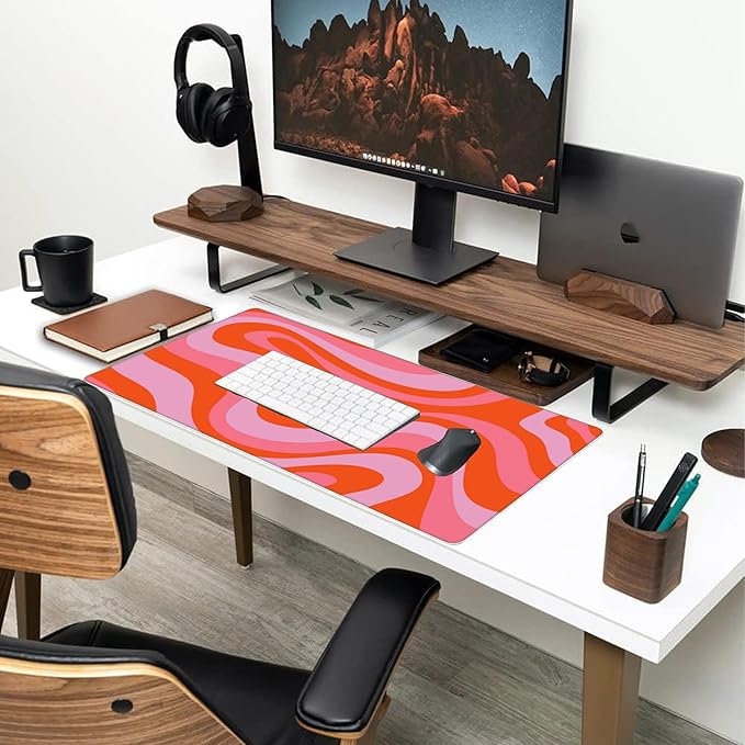 Large Gaming Mouse Pad for Desk,Hippie Groovy Waves Desk Mat for Desktop,Retro Groovy Swirls Desk Pad,Extended Big Computer Keyboard Mouse Pad with Non-Slip Base and Stitched Edge 35.4"x15.7"