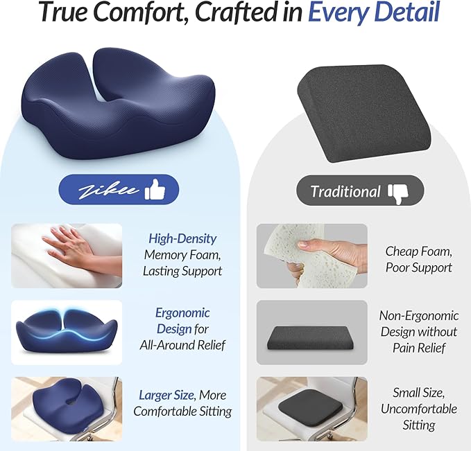 ZIKEE Pioneering Seat Cushion for Pressure Relief, Ergonomic Office Chair Cushion for Coccyx, Back & Lumbar Support, High-Density Memory Foam Car Seat Cushion with Anti-Slip Base