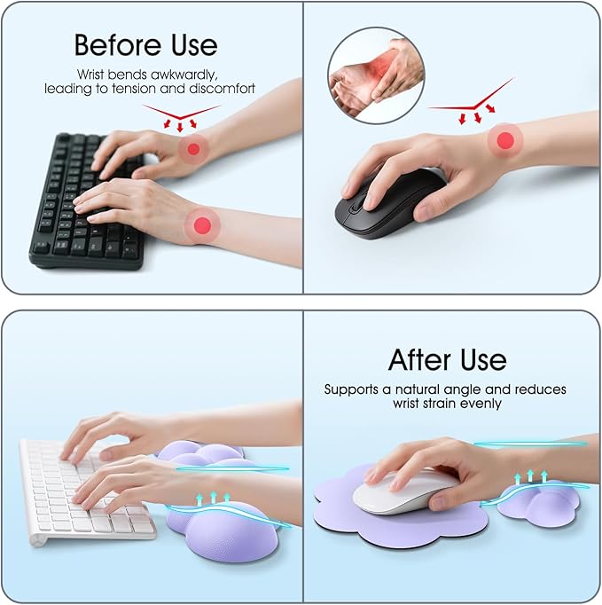 Cloud Wrist Rest Keyboard Cushion, 4-in-1 Ergonomic Cloud Keyboard Wrist Rest and Mouse Pad Set with Memory Foam Arm Support for Palm, Cute Desk Accessory for PC Gaming Setup, Purple