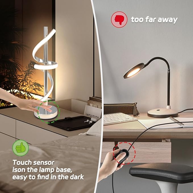 LED Modern Table Lamp, Spiral LED Table Lamp, Dimmable, 3 Colors Touch Control, Silver Unique Cool Lamps for Home Decor, Modern Nightstand Lamp with USB/Type C for Bedroom Living Room