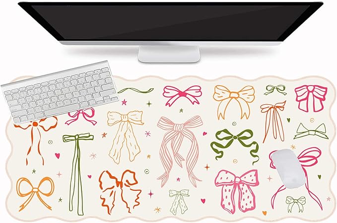 L-SPOUTTO Cute Mouse Pad,Girly Bow Desk Mat XXL Large Scalloped Gaming Mousepad,35.4x15.7in Non-Slip Rubber Base Keyboard Pad Waterproof Desktop Mat for Laptop Computer Work Game Home Office-Ribbon