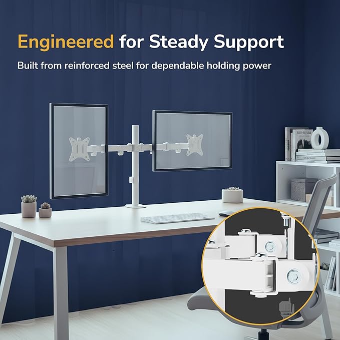 Mount-It! Dual Monitor Mount for Desk, Adjustable Tilt Swivel on Double Monitor Mounts for Screens up to 32”, Dual Monitor Arms for 2 Monitors, VESA 75x75 and 100x100 C-clamp & Grommet in White