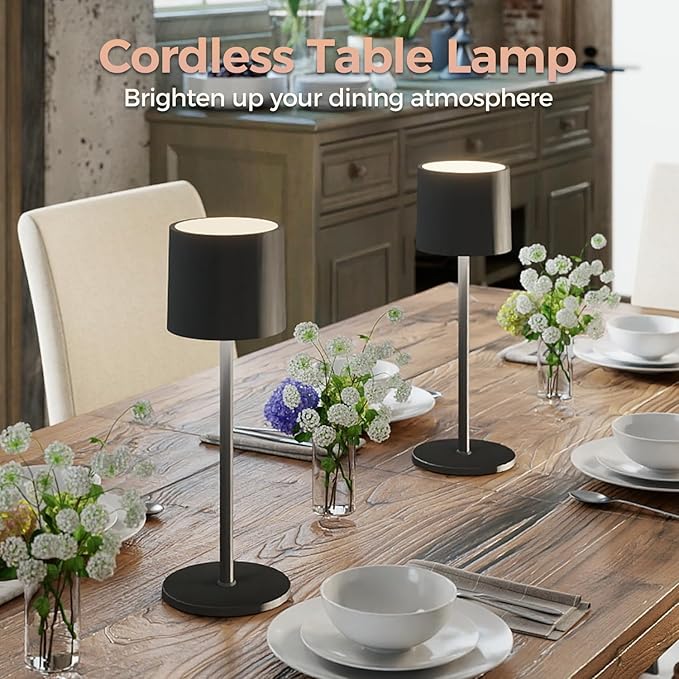 2-Pack Cordless Table Lamp, Portable LED Desk Lamps, 2 Adjustable Height, 4400mAh Battery Powered Rechargeable Light, 3 Color Stepless Dimming, for Restaurant, Bedroom, Outdoor Camping