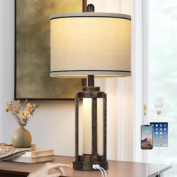 Farmhouse Industrial Lamp with USB A+C Charging Ports & AC Outlet, 26" Vintage Rustic Retro Table Lamp with Glass LED Night Light & Linen Fabric Shade for Living Room Bedrooms Single(2 Bulbs Included)