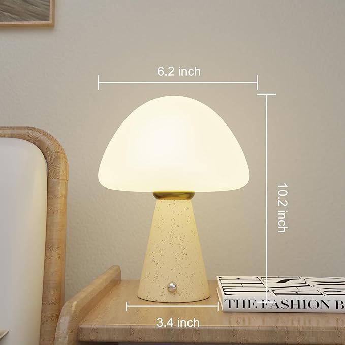 10.2 inch Mushroom Lamp, Cute Cordless Rechargeable Table Lamp with Glass Shade, 3 Color Temps LED Dimmable Ambient Lighting, Small Retro Touch Bedside Light for Decor, Resin Base.