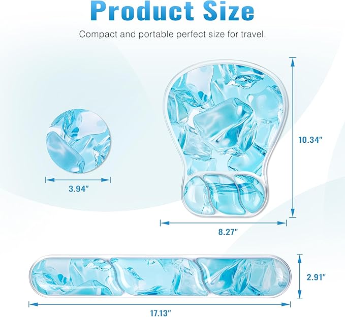Ospelelf Mouse Pad with Wrist Rest Set Gel Ergonomic Keyboard Wrist Support Anti-Slip Rubber Bottom Office Women Desk Accessories for Computer, Laptop and Gaming, Ice Blue