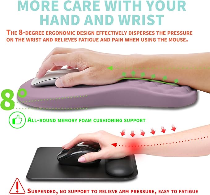 Ergonomic Mouse Pad Wrist Support with Memory Foam Massage Bulge, Carpal Tunnel Mousepad Wrist Rest for Mouse(12x8 inch, Purple)