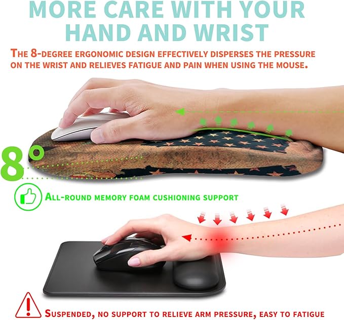 Ergonomic Mouse Pad Wrist Support with Memory Foam Massage Bulge, Carpal Tunnel Mousepad Wrist Rest for Mouse(12x8 inch, USA Flag Map)