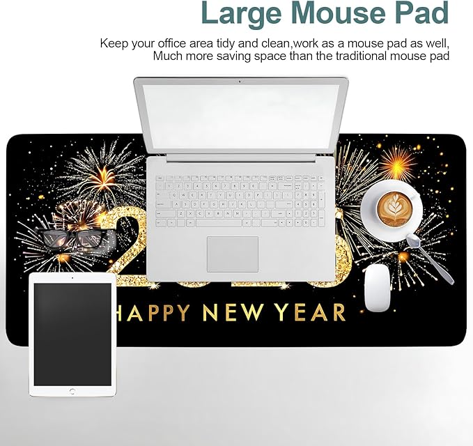 Happy New Year - 2026 Extended Gaming Mouse Pad 35.4x15.7Inch Large Desk Mat Anti-Slip Rubber Base & Durable Stitched Edges for Gamers Smooth Mouse Writing Surface for Desk Office/Home