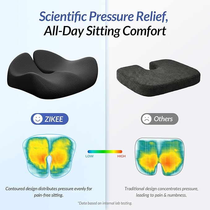 ZIKEE Pioneering Seat Cushion for Pressure Relief, Ergonomic Office Chair Cushion for Coccyx, Back & Lumbar Support, High-Density Memory Foam Car Seat Cushion with Anti-Slip Base
