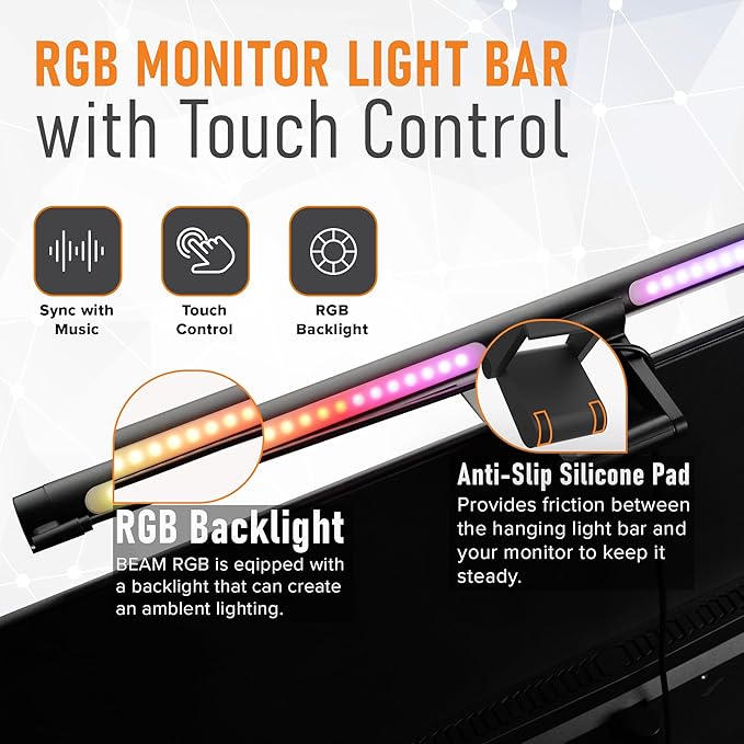 Beam Monitor Light Bar, LED Light bar for Eye Caring, e-Reading, LED Desk Lamp with Auto-Dimming, Touch Control, No Screen Glare, Space Saving, Home Office Task Lamps Black (RGB Backlight)