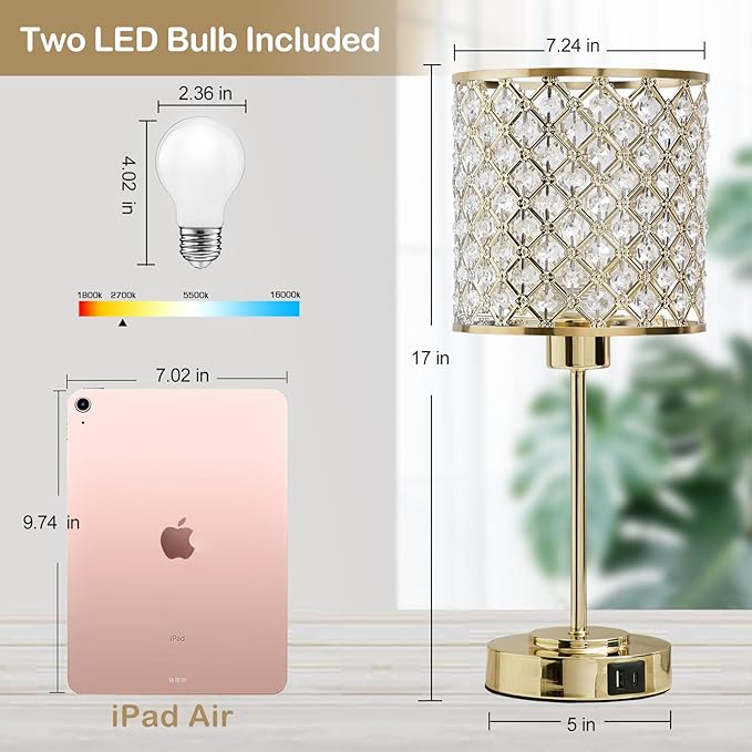 GyroVu Crystal Touch Control Table Lamp with USB-C+A Charging Ports, Dimmable Nightstand Lamp Set of 2 Crystal Decorative Bedside Lamps with Gold Elegant Shade for Bedroom Living Room, Bulbs Included
