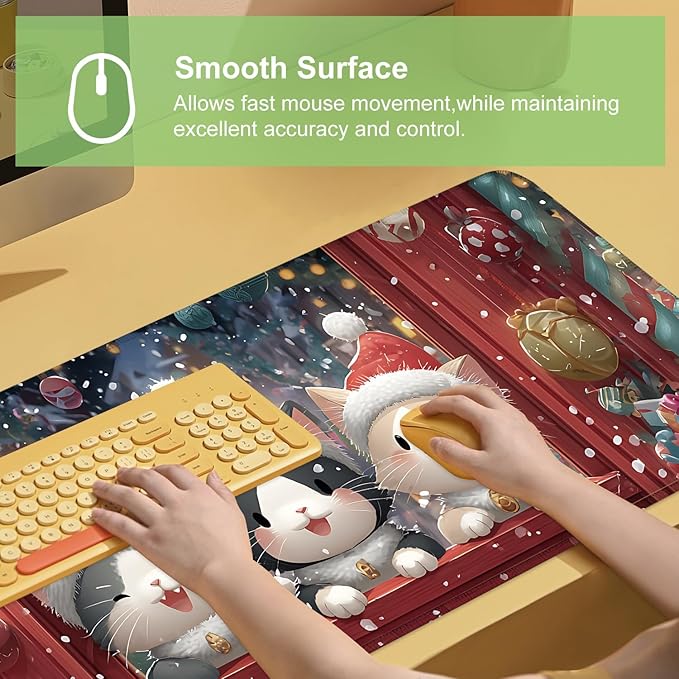 Desk Mat, XXL Extended Gaming Pad for Desktop, 31x12 Inches Cats in Santa Hats at Window, Large Non-Slip Vegan Leather Keyboard Mouse Mat for Home Office