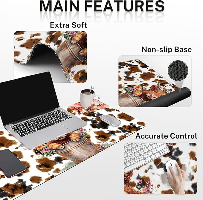 Arttown Highland Cow Flower Desk Mat Leaves Cartoon Print Mouse Pad Set 4 in 1 Ergonomic Design Large Mousepad + Keyboard Wrist Rest + Mouse Wrist Rest + Coaster Suitable for Home Office Study Game