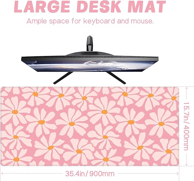 Baziabbo Pink Desk Mat,XXL Extended Large Mouse Pad,Gaming Mousepad with Stitched Edge,Non-Slip Rubber Base Keyboard Desk Pad for Home Office Study Game (Pink Flowers)