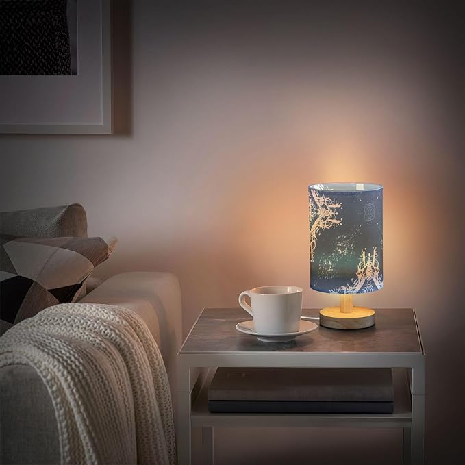 Blue Snowflake LED Table Lamp, Bedside Lamp with Linen Lampshade, Flicker-Free Eye Care USB Plug in Nightstand Lamp, for Bedroom and Office