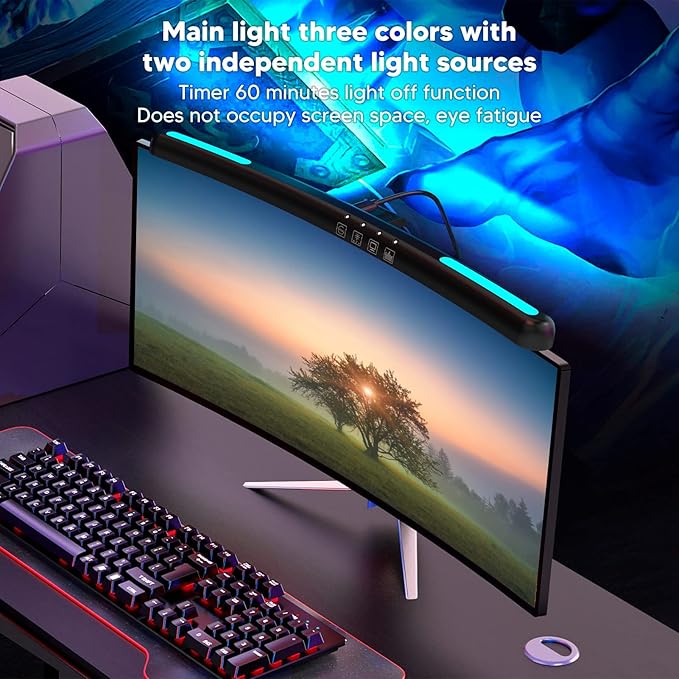 Pomya Computer Monitor Light Bar, Curved Screen Bar Monitor Light with 7 Color RGB, Asymmetric Optical Touch Dimming Screen Lamp for Curved Screen, for Home Office