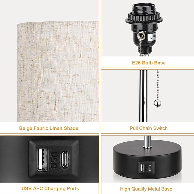ROTTOGOON 3-Color Temperature Bedside Lamp Nightstand Lamp with USB A Port and C Port, Table Lamp for Bedroom with LED Bulb Small Lamps for Living Room (Otmeal)