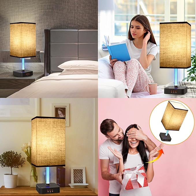 Bedside Table Lamp - Touch 3 Way Dimmable Lamp with 3 USB Charging Ports & 2 AC Outlets, Square Base Rectangular Flaxen Shade, Bedroom, Office, Dorm, Decor, LED Bulb Included (Black-Black)