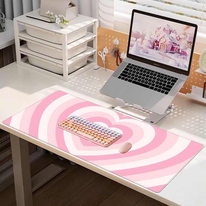 Baziabbo Pink Desk Mat,XXL Extended Large Mouse Pad,Gaming Mousepad with Stitched Edge,Non-Slip Rubber Base Keyboard Desk Pad for Home Office Study Game (Pink Heart)