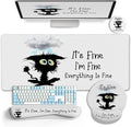 Desk Mat Set, Large Gaming Mouse Pad with Wrist Rest, Ergonomic Mouse Pad Keyboard Mat Wrist Support, Cup Coaster, Home Office Desk Accessories Decor Supplies, Funny Black Cat