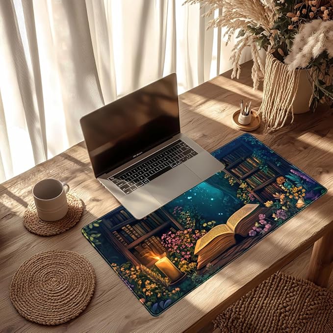 Gothic Desk Mat Gaming Desk Pad Blue Forest Large Mouse Pad, Mysterious Library Mouse Mat XXL Laptop Keyboard Pad, Vintage Gamer Mouse Pad Full Mousepads for School Office Home 31.5"x15.7"