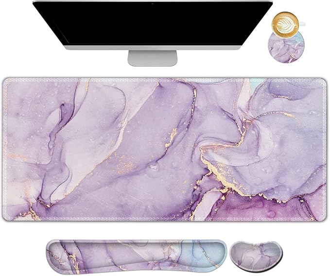 ARTSO Large Gaming Mouse Pad, Keyboard Wrist Rest Pad & Wrist Support Mousepad Set, Stitched Edge, Extended, Non-Slip Base, Memory Foam,Multifunctional Desk Mat for Office & Home, Purple Blue Marble