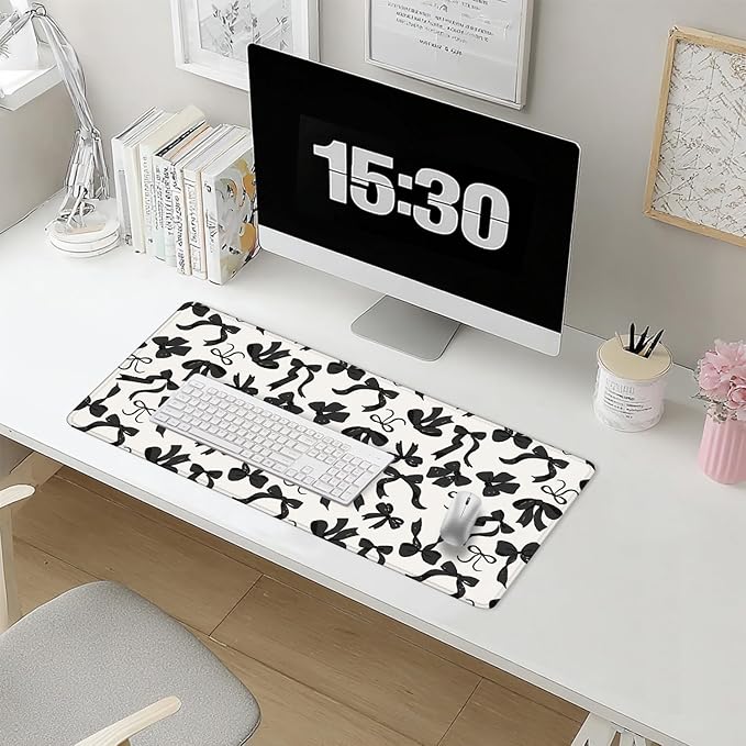 Coquette Black Bow Large Mouse Pad 31.5x15.7inch, Trendy Preppy Black White Bow Large Extended Computer Desk Mat Mousepad for Keyboard and Mouse, Girly Desk Accessories