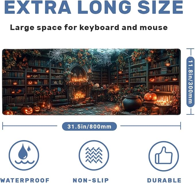 Library Desk Mat Gaming Mouse Pad Pumpkin Bookshelf Halloween Fireplace Mousepads Computer Keyboard Pad Mouse Mat Laptop Mat 31.5 x 11.8 Mouse Pads for Desk Home Office Gaming